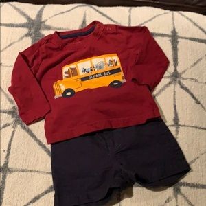 Primark long sleeve t shirt, 6-9 ,navy shorts 9-12